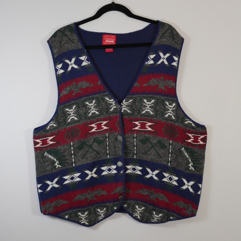 Vintage Venezia Jeans Sweater Vest Southwest Aztec Western Grandpa 14/16 XL